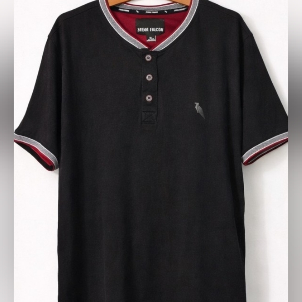 Black Henley Shirt with Red and Gray Accents